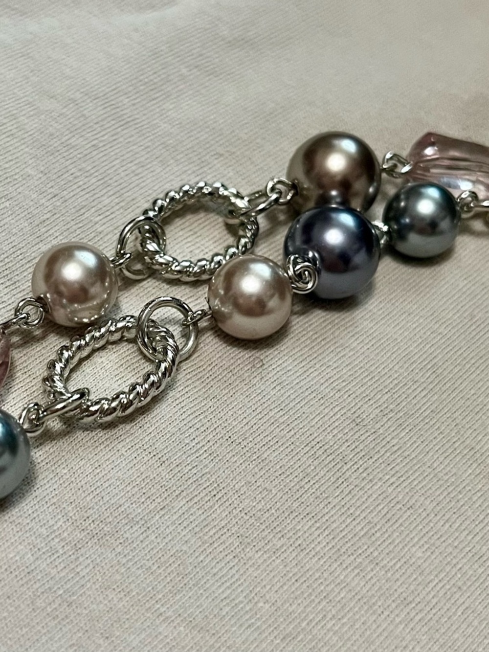 Premier Designs 48” Silver-Link Necklace with Gray and Champagne Pearls